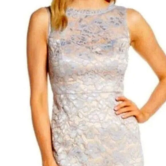 Eliza J Lace Asymmetrical Scalloped Hem Icy Blue Illusion Neckline Sheath Dress - Picture 2 of 15